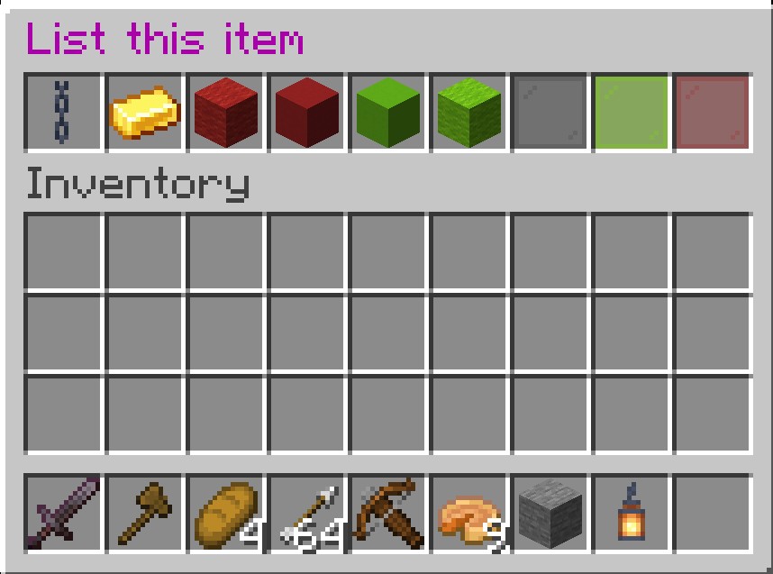 List this item screen with price setters, gold ingot default, and confirm glass