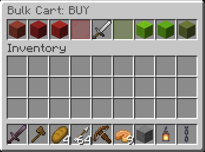 Bulk Cart BUY screen with quantity setters and green or red glass confirm buttons