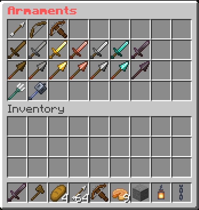 Weapons smith shop screen showing items for sale above the player inventory
